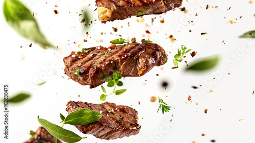 Sizzling grilled meat pieces with spices and herbs floating in mid-air, representing culinary art.