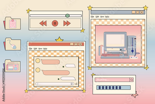 Linear retro vaporwave desktop wallpaper. Abstract vintage aesthetic background. Modern comic illustrations. Trendy, nostalgic, colorful style 80s, 90s. Posters, social media posts, story template.