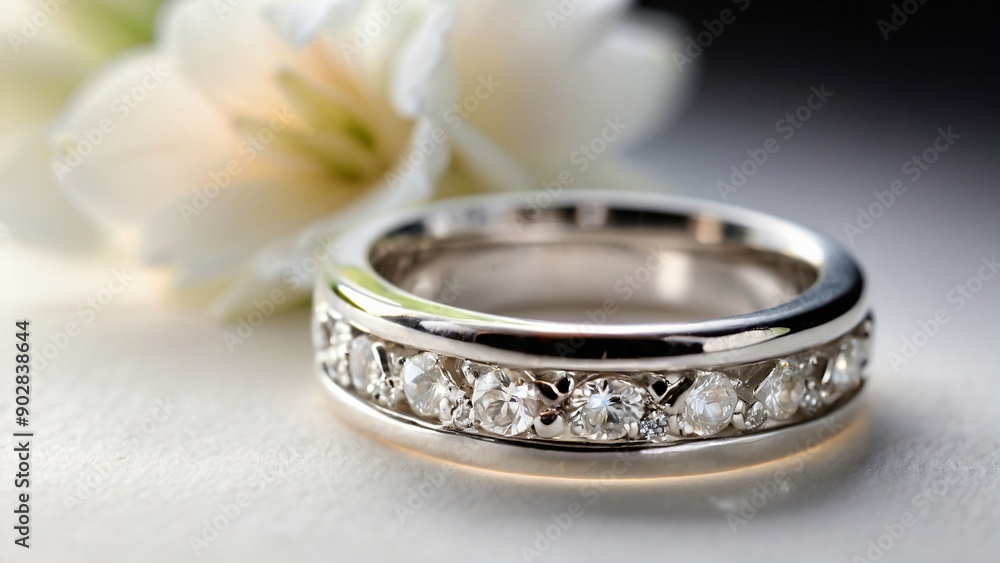 A captivating close-up of an elegant diamond eternity band. The ring features a row of sparkling round diamonds set in a graceful white gold band. Soft lighting enhances the ring's brilliance A captivating close-up of an elegant diamond eternity band. The ring features a row of sparkling round diamonds set in a graceful white gold band. Soft lighting enhances the ring's brilliance