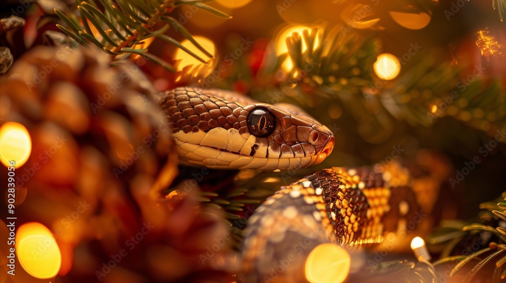 Festive serpent: A snake with intricate scales coils among glowing Christmas lights and pine branches, creating an unexpected holiday scene. Festive serpent: A snake with intricate scales coils among glowing Christmas lights and pine branches, creating an unexpected holiday scene.
