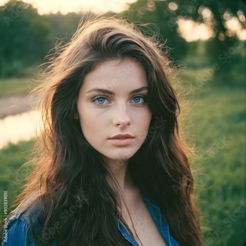 Portrait of a beautiful brunette woman with blue eyes and brown hair, natural outdoor setting at sunset light