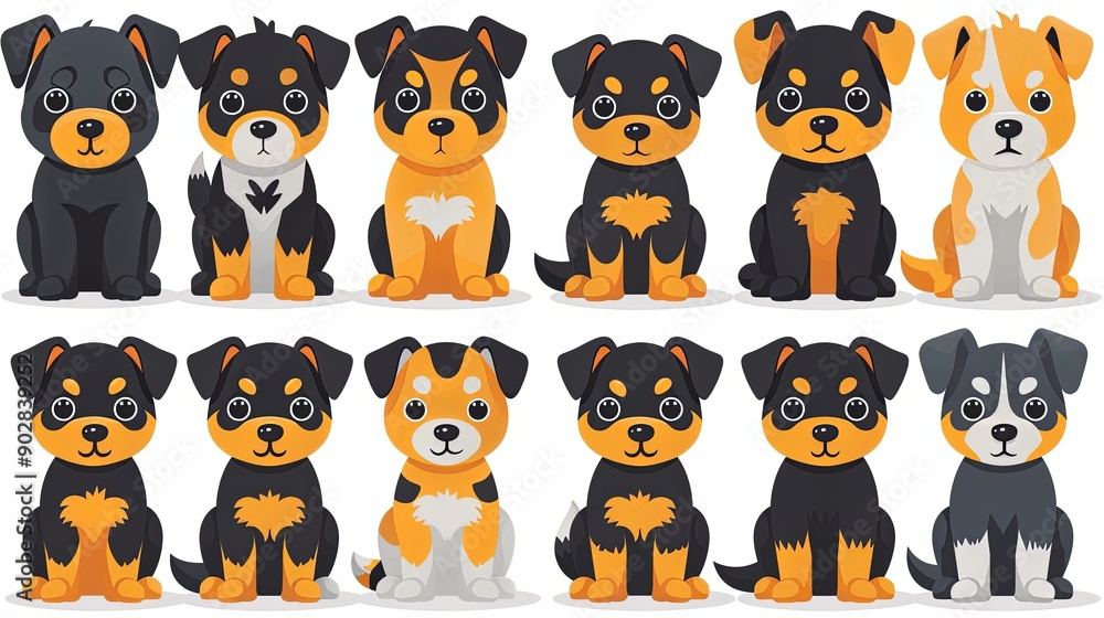 Obraz premium Cute dogs doodle vector seamless pattern. Cartoon dog or puppy characters design collection with flat color in different poses. Set of funny pet animals isolated on background