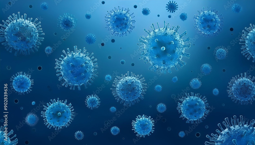 Blue background with some bluish gray virus shapes floating in the air. Blue background with some bluish gray virus shapes floating in the air.