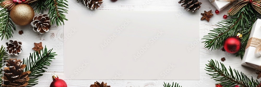 Festive Christmas border with pine branches, ornaments, and pinecones framing white wooden background, perfect for holiday designs and greetings. Festive Christmas border with pine branches, ornaments, and pinecones framing white wooden background, perfect for holiday designs and greetings.