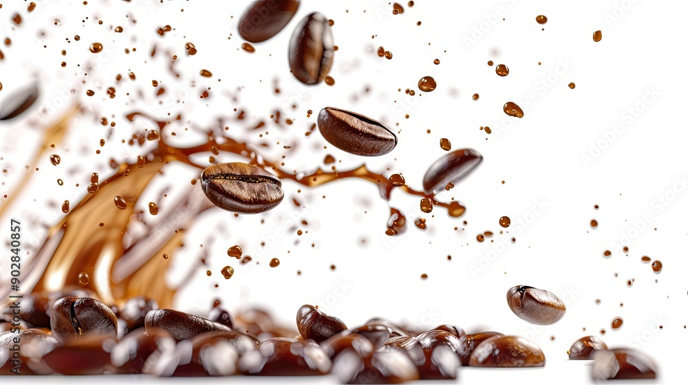 Obraz premium Coffee beans in a dynamic, explosive splash, isolated on a transparent background, creating a sense of motion and freshness.