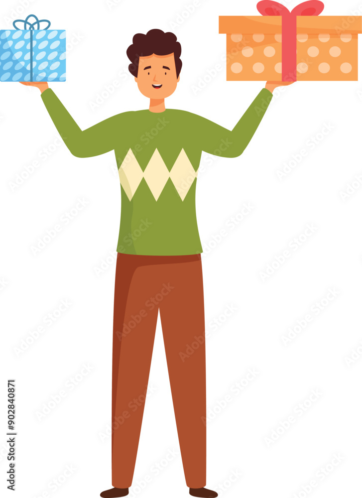 Happy man is holding two gifts up in the air, celebrating christmas or a birthday Happy man is holding two gifts up in the air, celebrating christmas or a birthday