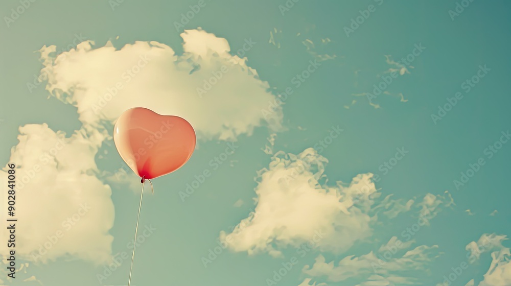 Fototapeta premium A pink love heart-shaped balloon floats against a pale blue sky, with fluffy white clouds in the background.