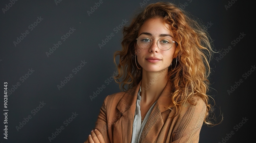 Confident and Composed: A young woman with fiery red curly hair and stylish glasses exudes confidence and composure, her arms crossed and a subtle smile playing on her lips. Confident and Composed: A young woman with fiery red curly hair and stylish glasses exudes confidence and composure, her arms crossed and a subtle smile playing on her lips.