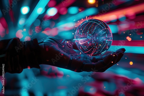 Hand Holding a Translucent Ball of Information with Blurry Lines Surging in the Background