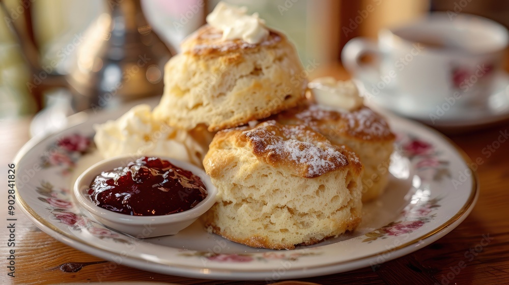 A plate of freshly baked scones with clotted cream and jam on the side. A plate of freshly baked scones with clotted cream and jam on the side.
