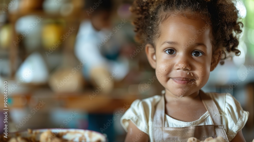 A young girl with a playful smile and flour on her face is baking in a kitchen. The background is blurred, indicating a busy kitchen scene with possibly more baking activity. A young girl with a playful smile and flour on her face is baking in a kitchen. The background is blurred, indicating a busy kitchen scene with possibly more baking activity.