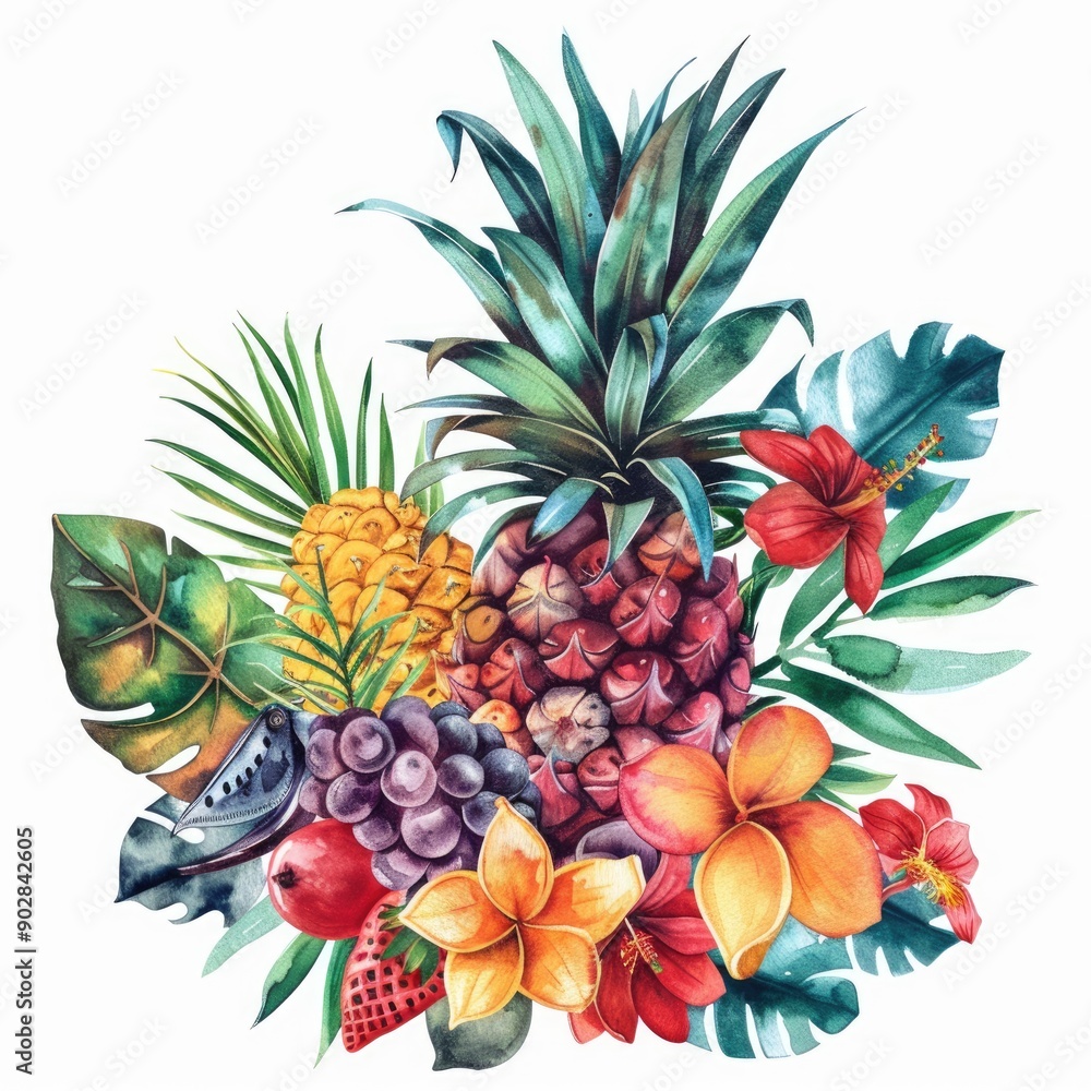 Obraz premium Botanical Bouquet. Watercolor Illustration of Tropical Fruit with Vibrant Flowers and Leaves