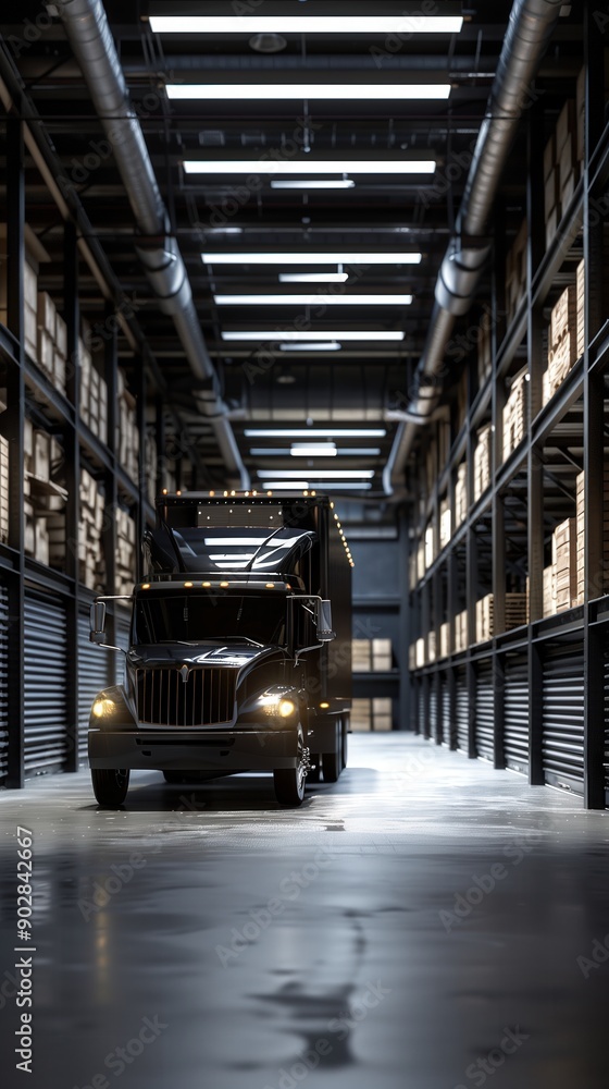 Black truck in modern warehouse with shelves and boxes, representing logistics and storage services Black truck in modern warehouse with shelves and boxes, representing logistics and storage services
