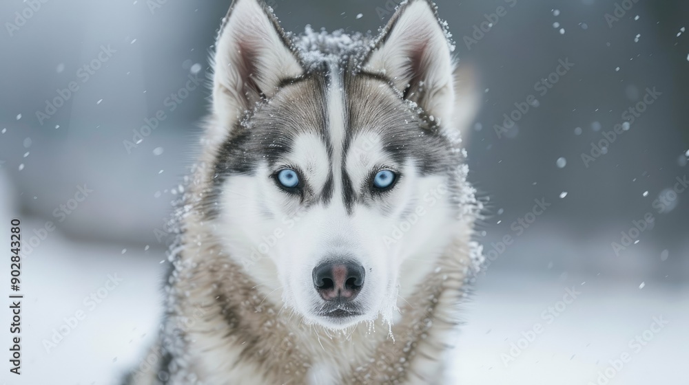 A regal Siberian Husky with striking blue eyes, standing in a snowy landscape. A regal Siberian Husky with striking blue eyes, standing in a snowy landscape.