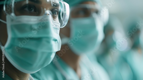 Group of surgeons in green scrubs and masks, focused and prepared for a surgical procedure in a well-equipped operating room, symbolizing precision and healthcare professionalism.