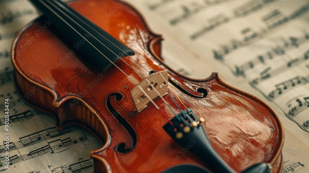 Fototapeta premium A beautifully crafted violin resting on sheet music