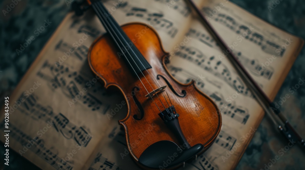 Naklejka premium A beautifully crafted violin resting on sheet music