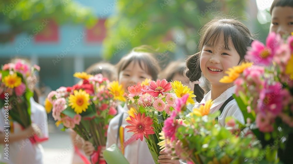 Joyful children holding vibrant bouquets of colorful flowers, their faces beaming with happiness in a sunny outdoor setting, capturing innocence and nature's beauty. Joyful children holding vibrant bouquets of colorful flowers, their faces beaming with happiness in a sunny outdoor setting, capturing innocence and nature's beauty.