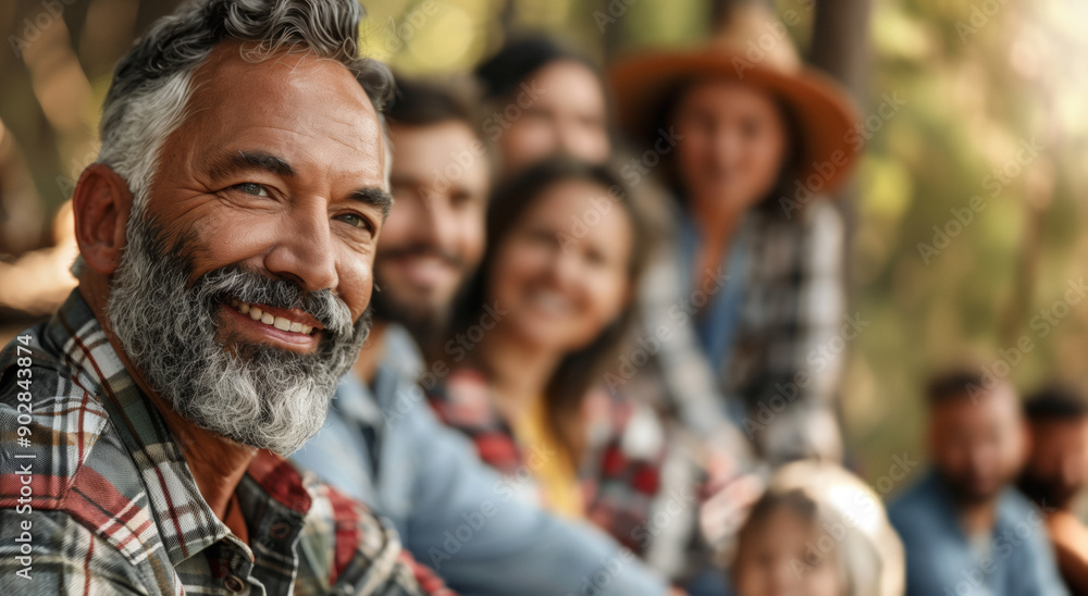 A bearded man with grey hair smiles warmly as he sits with a diverse group of people outdoors in a natural setting. A bearded man with grey hair smiles warmly as he sits with a diverse group of people outdoors in a natural setting.