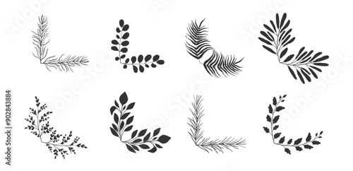 Floral branch corners set. Vector isolated botanical borders collection