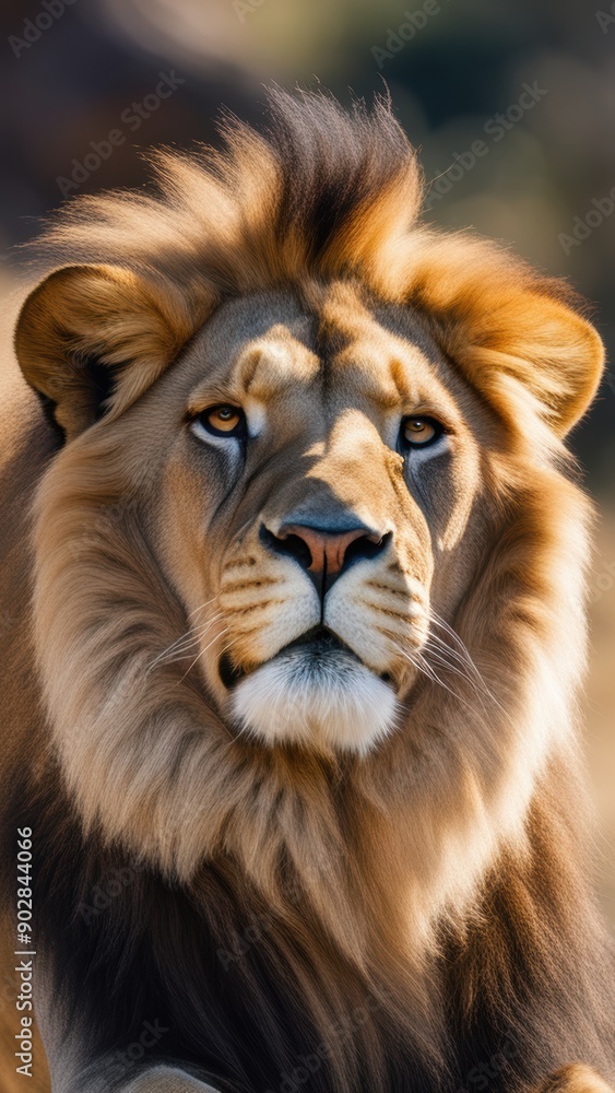 Majestic lion age and breed hinted by golden mane with dark ends intensely stares directly at viewer in a natural setting of savanna or grassland. Majestic lion age and breed hinted by golden mane with dark ends intensely stares directly at viewer in a natural setting of savanna or grassland.