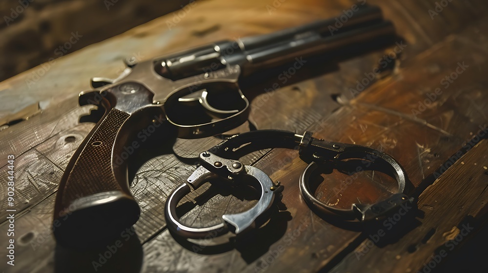 Obraz premium Handcuffs and sniper gun on the table