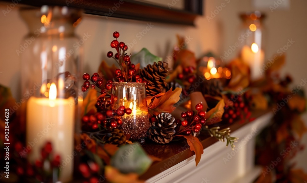 Close-up of a Thanksgiving fireplace decorated with a fall wreath Close-up of a Thanksgiving fireplace decorated with a fall wreath