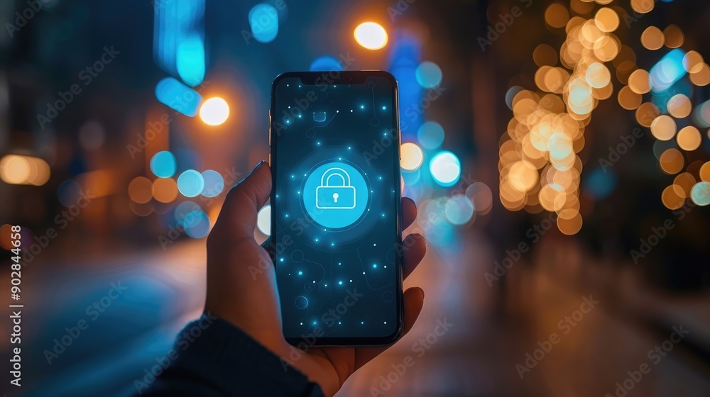 Close-Up of Phone with Lock Icon in Hand. Cyber Security, Neural Network, Bokeh Effect Background Close-Up of Phone with Lock Icon in Hand. Cyber Security, Neural Network, Bokeh Effect Background