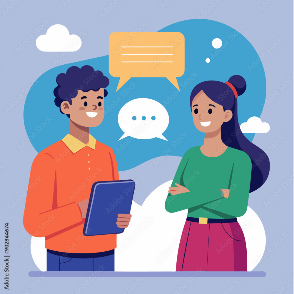 Fototapeta premium People having a conversation with speech bubbles, flat characters illustration. Dialogue of friends, or colleagues