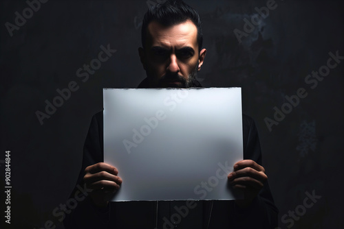 Mysterious Man Holding a White Blank Sheet in a Dark Room