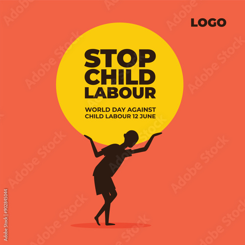 World Day Against Child Labor: Stop Child Labor creative concept with a silhouette of a child carrying heavy loads. Social media design template.