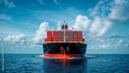 Container ship. Cargo ship on the open sea. International container shipping