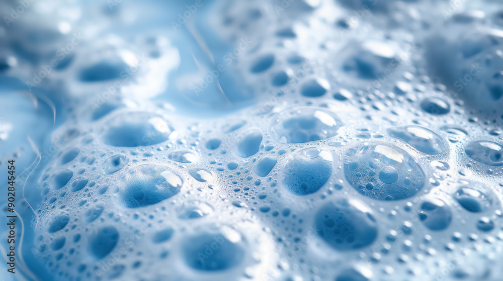 Close-up of soapy bubbles, each bubble reflecting light, creating a dreamy and clean texture against a soft blue background. Close-up of soapy bubbles, each bubble reflecting light, creating a dreamy and clean texture against a soft blue background.