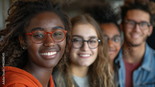 Group of smiling young adults, each wearing glasses, standing together and exuding a sense of friendship and happiness.