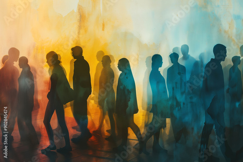 Overlapping Faded Silhouettes of People in Colorful 2D