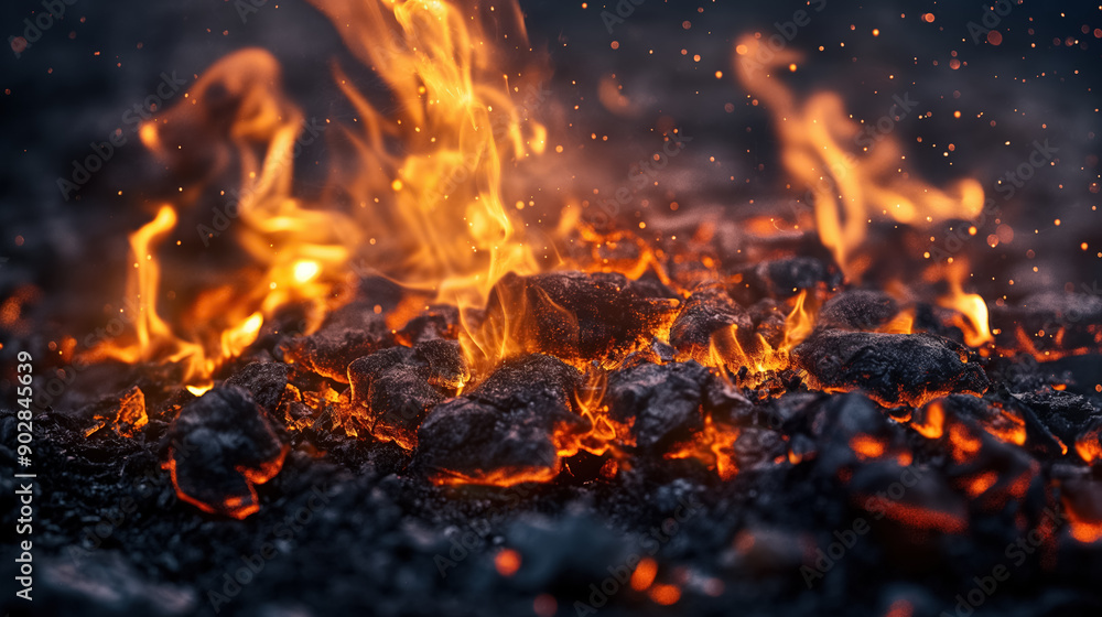 Glowing coals and vibrant flames dance among the blackened rocks, creating a mesmerizing display of heat and energy. Glowing coals and vibrant flames dance among the blackened rocks, creating a mesmerizing display of heat and energy.