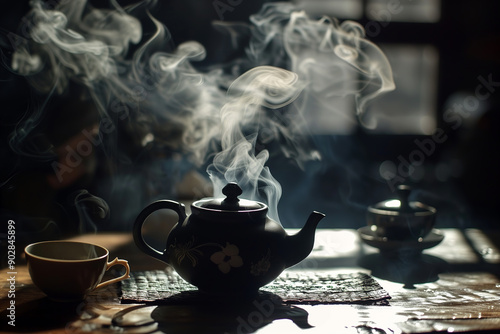 Smoke Coming Out of a Teapot in a Night Scene