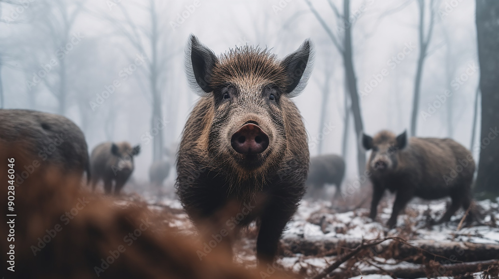 wild boars in winter nature, wild nature wild boars in winter nature, wild nature