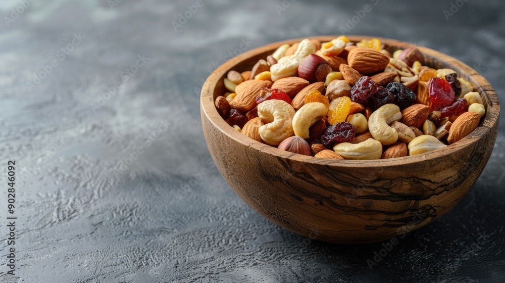 A variety of mixed nuts and dried fruits in a wooden bowl, perfect for a healthy snack. A variety of mixed nuts and dried fruits in a wooden bowl, perfect for a healthy snack.