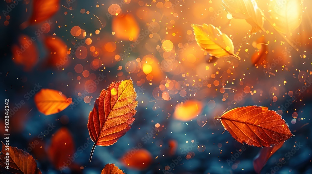 Golden leaves float effortlessly in the air against a backdrop of a beautiful sunset, capturing the essence of autumn's tranquil and serene nature in a magical display. Golden leaves float effortlessly in the air against a backdrop of a beautiful sunset, capturing the essence of autumn's tranquil and serene nature in a magical display.