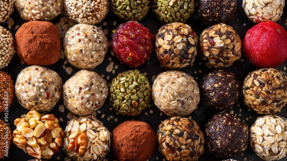 An assortment of energy balls made with oats, nuts, and dried fruits. An assortment of energy balls made with oats, nuts, and dried fruits.
