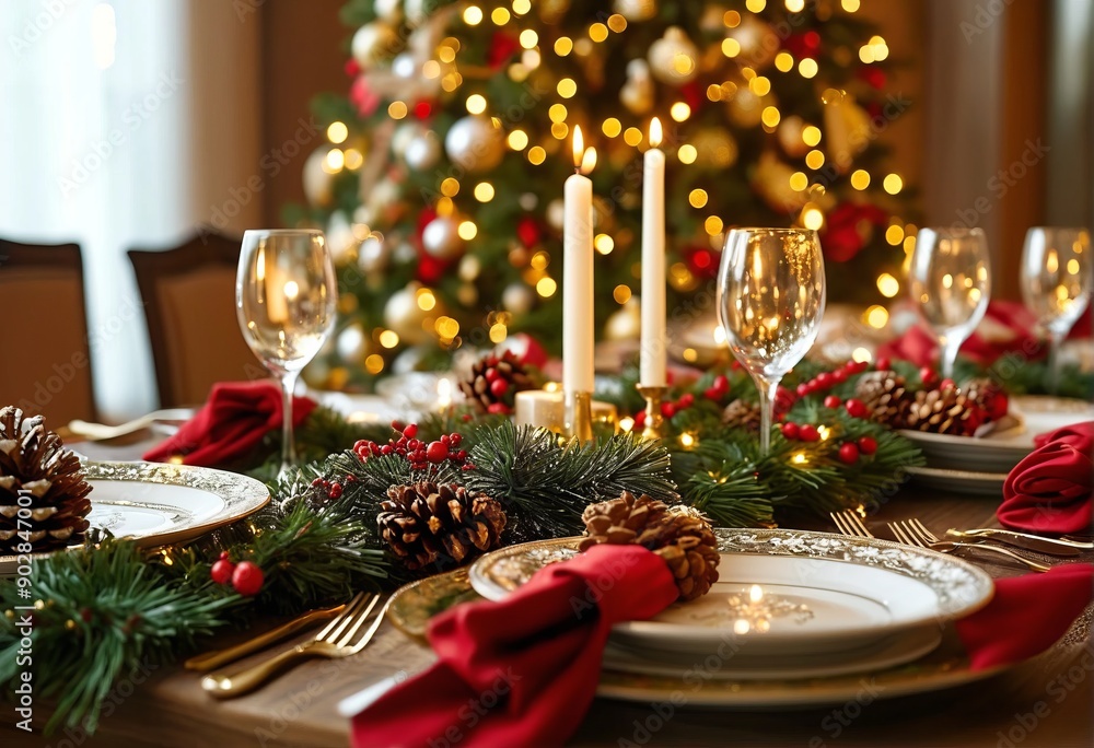 Elegant Christmas dining table with festive decorations. Celebrating Christmas and New Year. Elegant Christmas dining table with festive decorations. Celebrating Christmas and New Year.