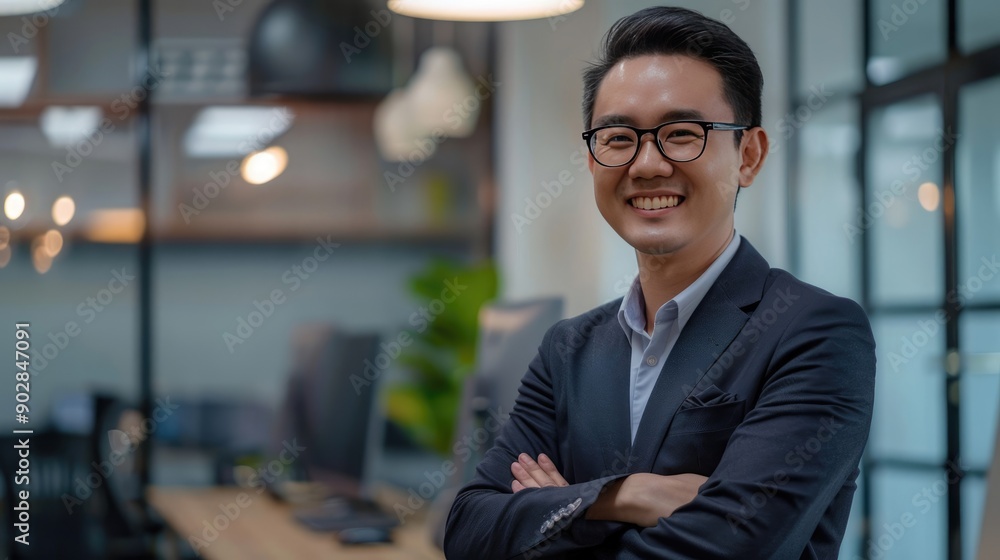Fototapeta premium Confident Asian Businessman Smiling with Arms Crossed in Office Setting