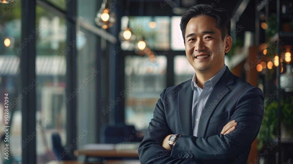 Confident Asian Businessman Smiling with Arms Crossed in Office Setting Confident Asian Businessman Smiling with Arms Crossed in Office Setting