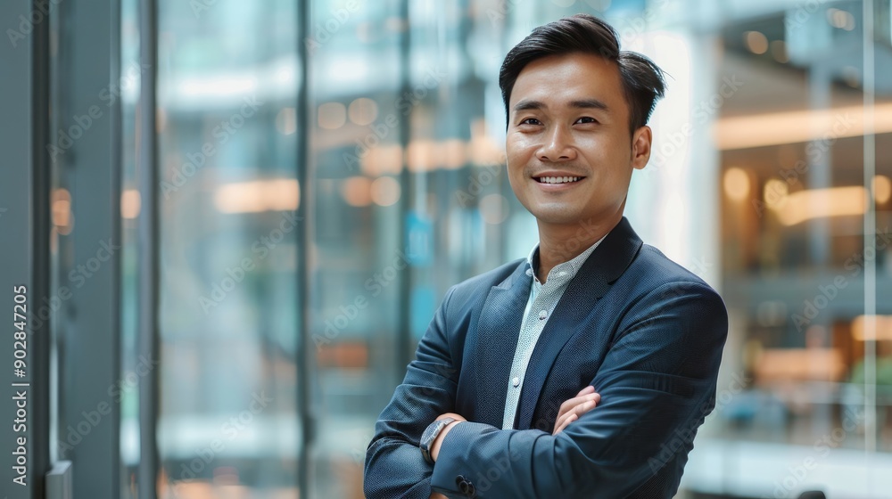 Confident Asian Businessman Smiling with Arms Crossed in Office Setting Confident Asian Businessman Smiling with Arms Crossed in Office Setting