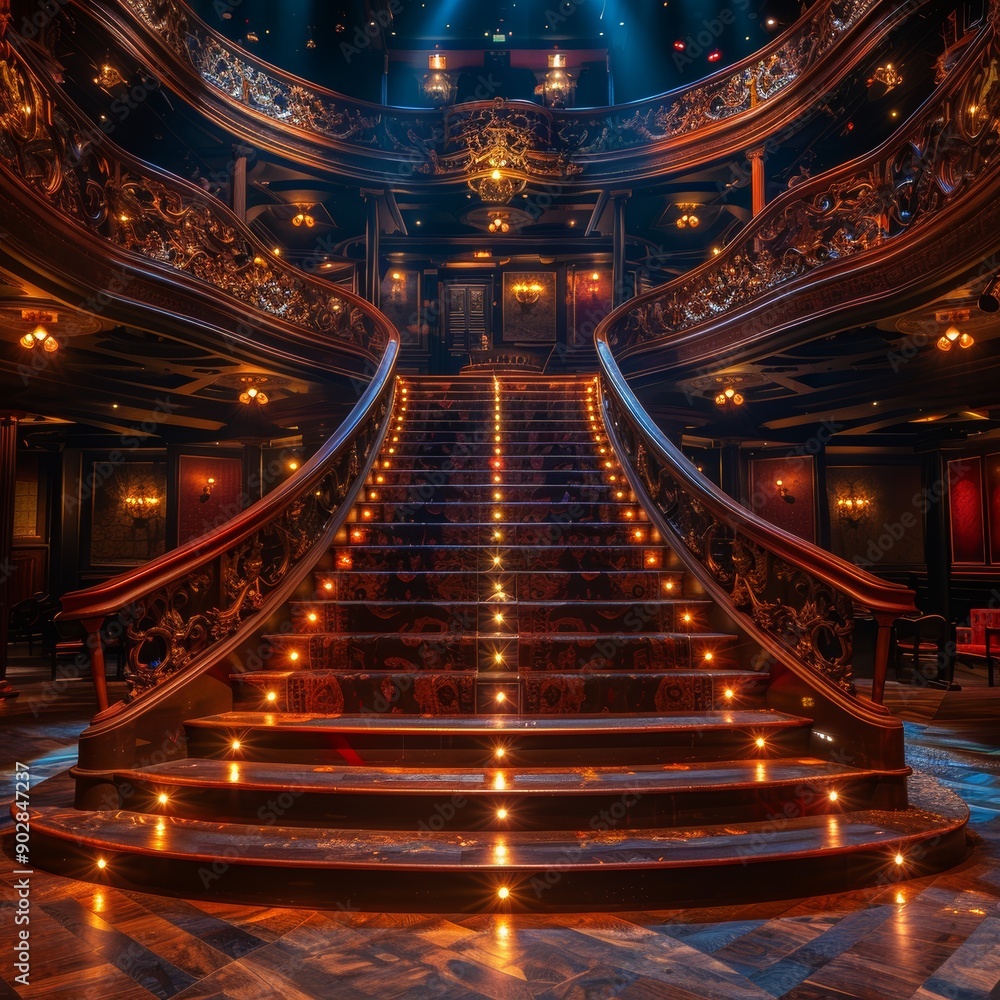 Obraz premium Sweeping Staircase to Expansive Shadowy Theater Stage