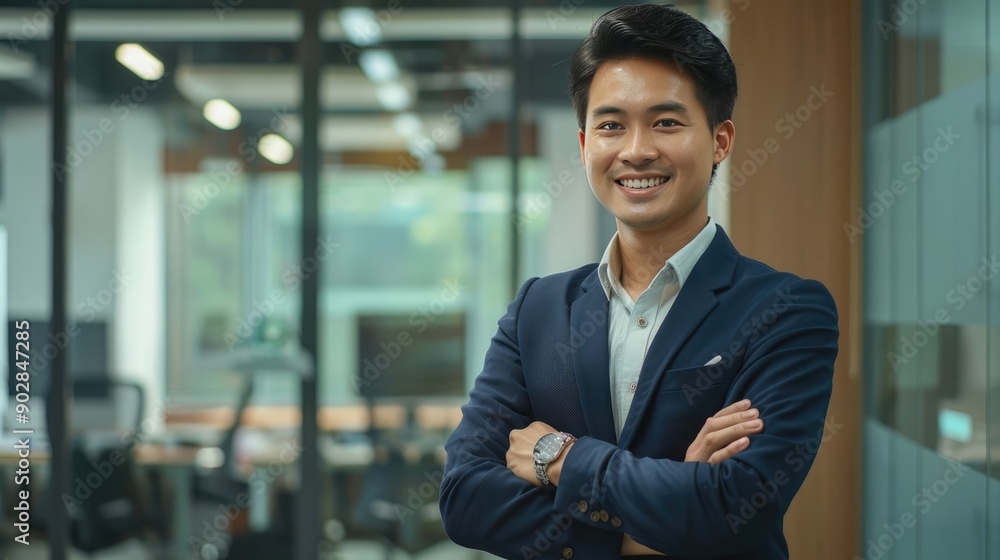 Confident Asian Businessman Smiling with Arms Crossed in Office Setting Confident Asian Businessman Smiling with Arms Crossed in Office Setting