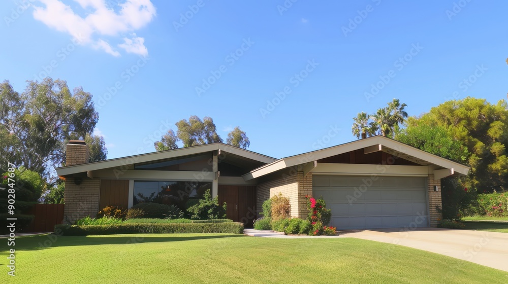 Modern Suburban Home Surrounded by Lush Greenery on a Sunny Afternoon Modern Suburban Home Surrounded by Lush Greenery on a Sunny Afternoon
