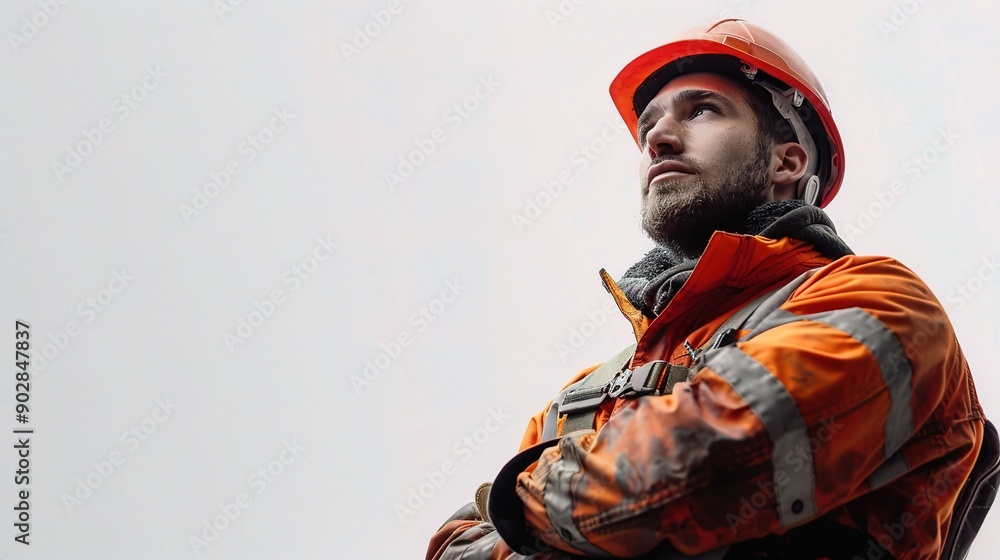 Fototapeta premium Construction Worker: A Determined Gaze: A steadfast construction worker in his safety gear, gazing upwards with unwavering determination