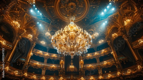 Opulent Chandelier Above Gilded Theater Stage photo